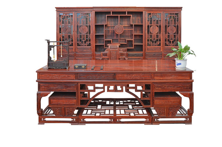 红檀三组合花鸟书柜/2.4米弯角豪华办公桌4208