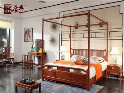 居典红木 刺猬紫檀 新中式圆融架子床、床尾凳